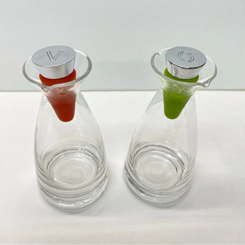 Oil & Vinegar Dispenser Set Double Sided Pour W/ Red & Green Rubber Stoppers
